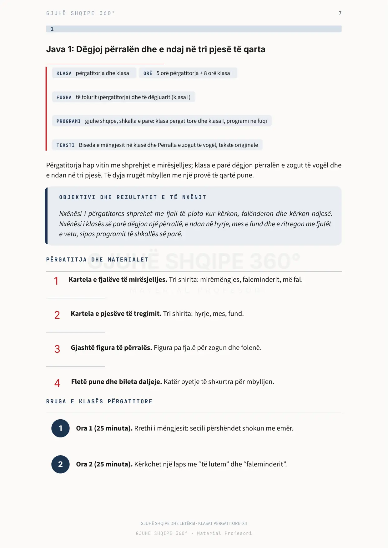 Java 1: klasa, orët, fusha, programi dhe teksti, objektivi dhe rezultatet e të nxënit, përgatitja dhe materialet
